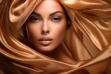 Naklejka premium A beautiful woman with flawless makeup is framed by flowing, silky golden fabric, creating a luxurious and elegant portrait.