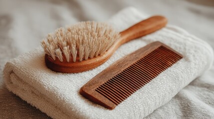 Natural Wooden Hairbrush and Comb Set on Soft Towel for Hair Care Routine
