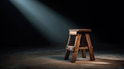 Rustic Wooden Stool Illuminated by Dramatic Spotlight in Dark Room A Simple Weathered Wooden Stool in a Studio Setting