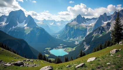 Breathtaking mountain landscape with a turquoise lake and valley under a clear blue sky