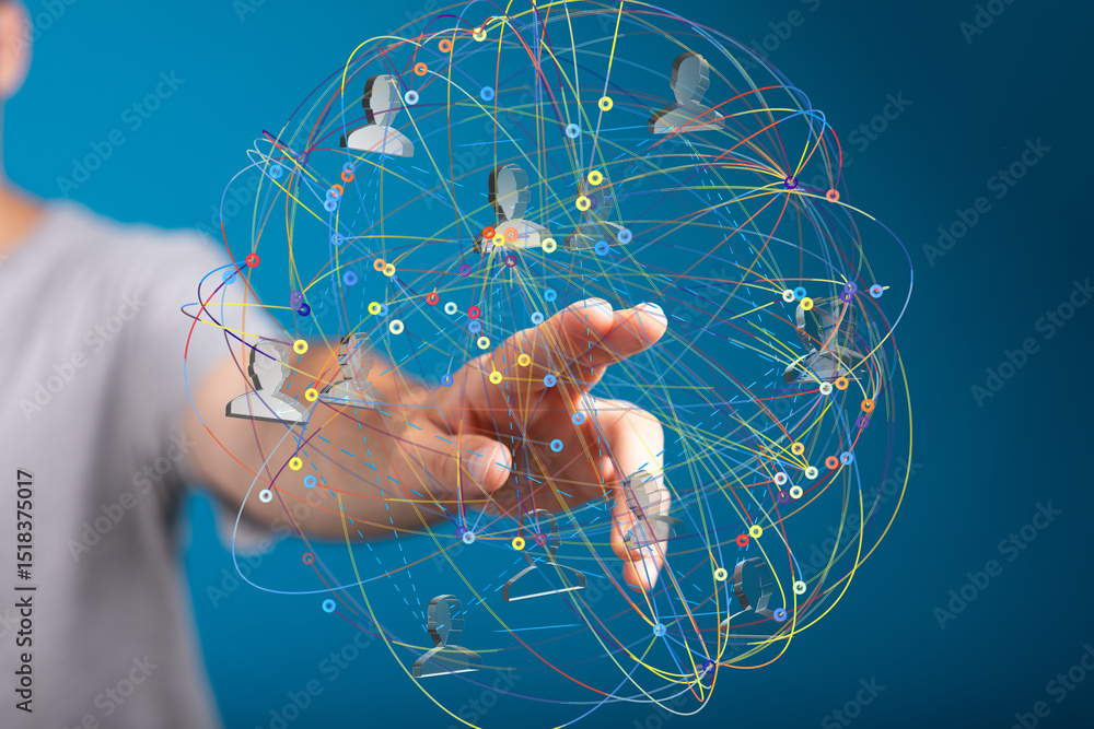 Poster abstract image depicting a hand interacting with a digital network of interconnected people, symboli