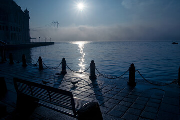 View of July 15 Martyrs Bridge (Bosphorus Bridge) with seagull and sunrise in fog clouds. Foggy...
