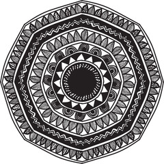 Detailed and symmetrical mandala artwork featuring intricate geometric patterns and ornamental elements. This decorative design is perfect for use in meditation visuals, coloring books, textile prints