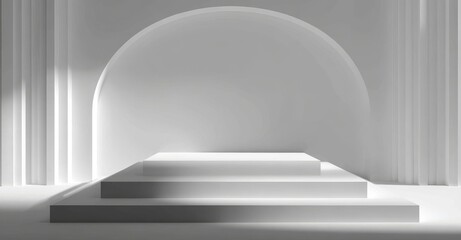 Obraz premium A minimalist interior setting featuring a white product background, empty space, and a window with soft light, minimal shadows, and a display platform on a pedestal, forming a stage with a backdrop