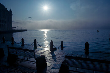 View of July 15 Martyrs Bridge (Bosphorus Bridge) with seagull and sunrise in fog clouds. Foggy...
