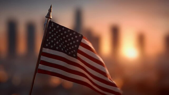 American flag waving at sunset cityscape background