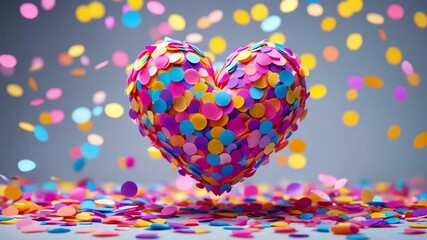 Colorful confetti heart shape with flying paper dots for celebration, party decoration, romantic design, love concept, festive mood - Powered by Adobe