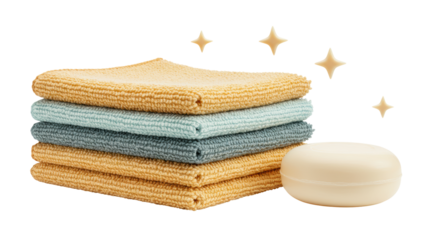 Isolated Stack of Cleaning Cloths and Soap