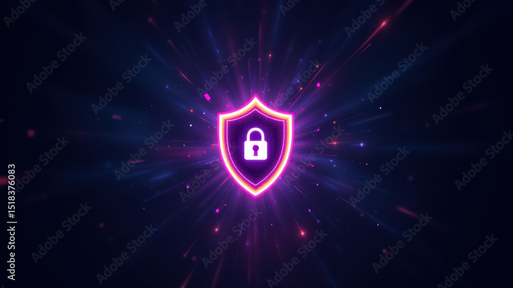 Poster a vibrant digital graphic featuring a lock icon against a cosmic background with glowing particles, 