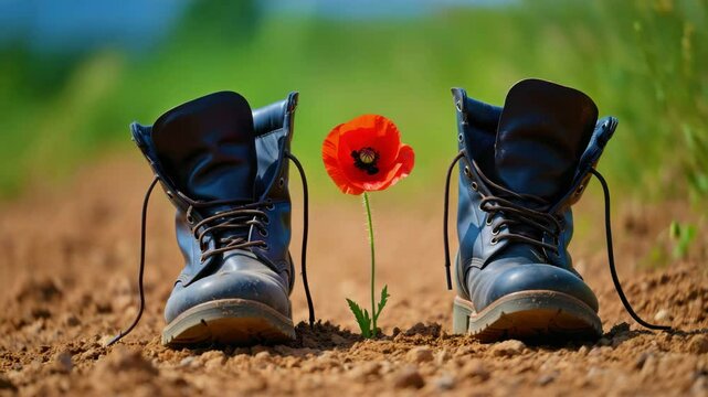 Military boots with red poppy flower on soil for Remembrance Day, honoring fallen soldiers and war memorial tribute
