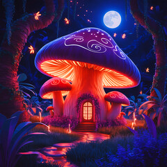 Mashroom tree cartoon house concept, A mushroom hut in the jungle full moon light.