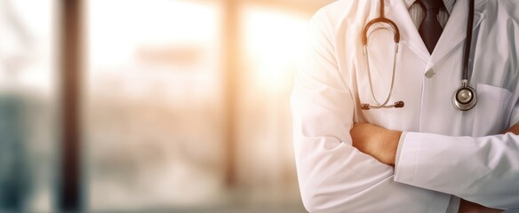 The confident doctor standing with arms crossed in a modern healthcare setting.