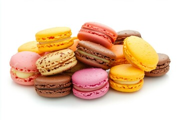 Obraz premium Colorful macarons arranged on white background. AI image