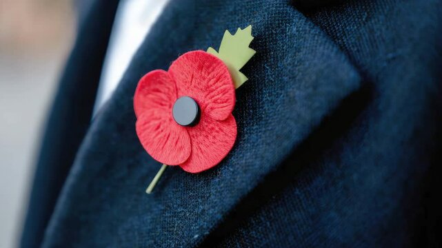 Red remembrance poppy flower pinned on dark coat lapel during memorial ceremony or commemoration event outdoors