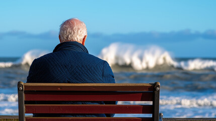 Elderly man sitting on bench, enjoying ocean view and waves crashing in background, feeling peaceful and reflective