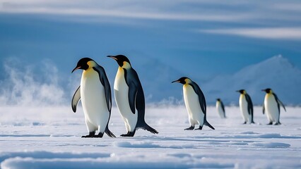 Group of Emperor Penguins Walking Across the Vast, Frozen Antarctic Ice Sheet,4k