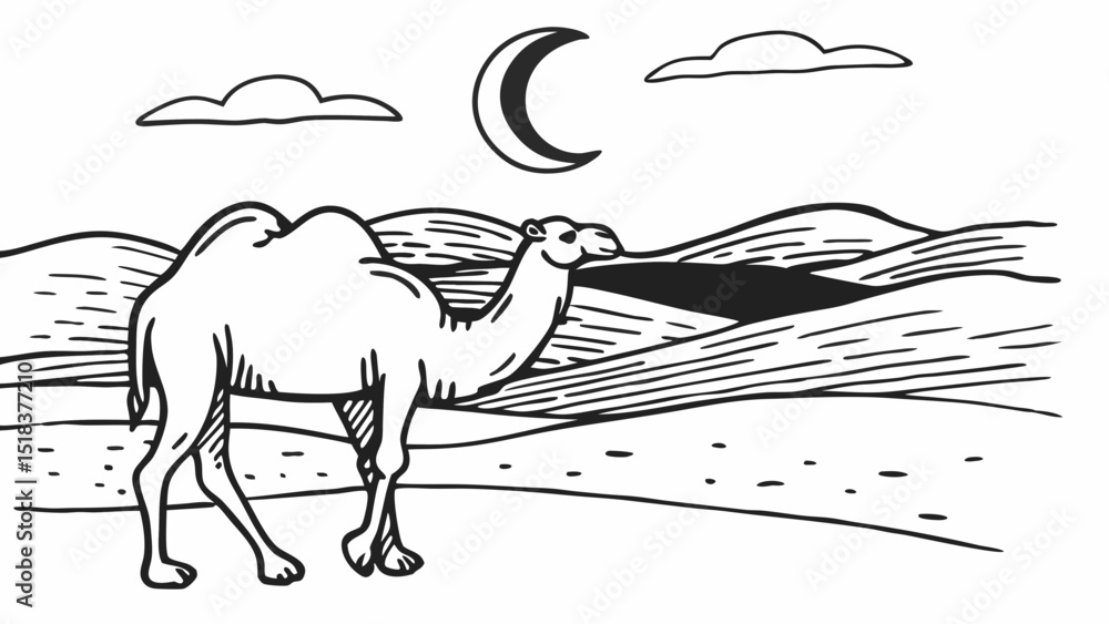Poster camel walking in desert landscape with moon and clouds in black and white outline drawing style crea
