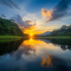Tranquil Sunset Reflection Over Serene Water in Lush Nature Scene