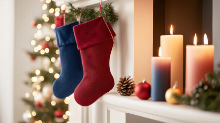 Cozy Christmas stockings hang by fireplace, surrounded by festive candles and decorated tree, creating warm holiday atmosphere