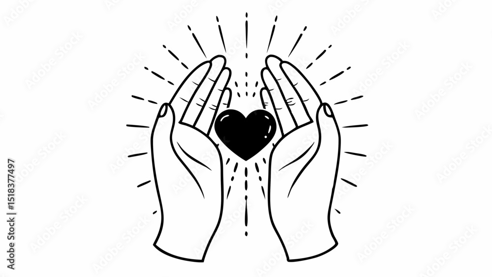 Poster two hands cupping a black heart with radiating lines in a black and white line drawing style created
