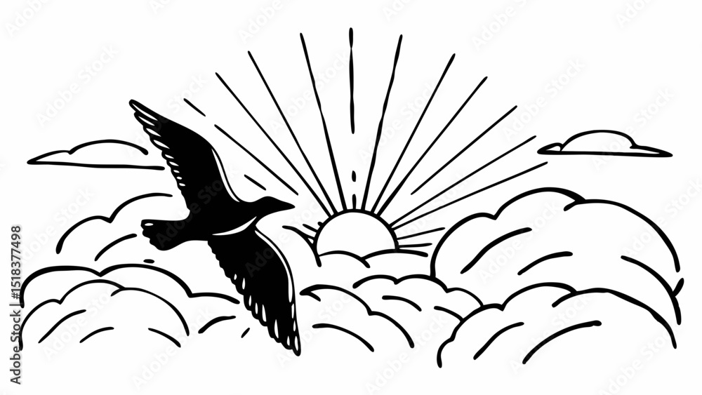 Poster silhouette of a bird flying over clouds with sun rays in a black and white line drawing style create