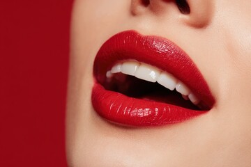 Obraz premium A persons face closeup on the open mouth with bright red lipstick and white teeth
