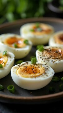 Halved boiled eggs topped with black pepper and green onions rest on a dark ceramic plate