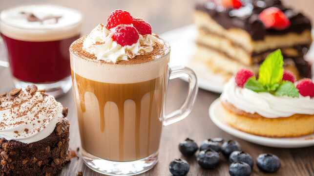 Delicious coffee with whipped cream and raspberries, accompanied by tempting desserts like cakes and pastries, creates cozy