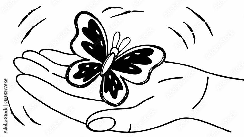 Poster hand holding a butterfly with wing patterns and motion lines in a black and white line drawing style