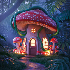 Mashroom tree cartoon house concept, A mushroom hut in the jungle full moon light.
