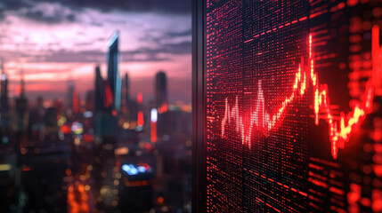 Digital display showing falling stock market trends with city skyline in background, evoking sense of urgency and change