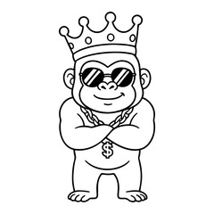 Fototapeta premium Cool Gorilla King: A cartoon illustration of a cool gorilla wearing a crown, sunglasses, and a gold chain, standing with arms crossed, exuding confidence and royalty. 