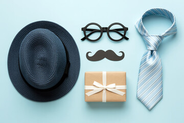 Flat Lay of Father s Day Gifts and Accessories on a Light Blue Background Celebrating Dads with Style and Thoughtful Presents