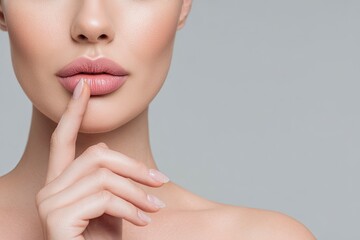 A persons lips with a finger in a shh gesture The skin is smooth and welllit against a gray background