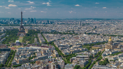 Aerial view from Montparnasse tower with Eiffel tower and La Defense district on background...