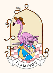 Vintage line art of a flamingo enjoying a beach picnic with a colorful beach ball, radiating fun and relaxation in summer holiday style. Perfect for summer cards, posters, websites, and decor