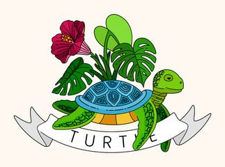 Turtle illustration in vintage line art style with taro leaves, monstera, and hibiscus flowers, capturing the essence of tropical summer beach life. Perfect for summer cards, posters, websites