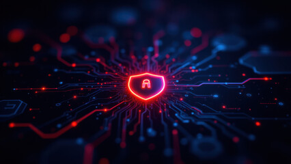 This is a vibrant cybernetic representation with red and blue hues emphasizing internet security.