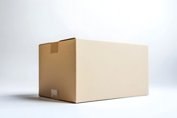 Cardboard box with tape on white background angled perspective
