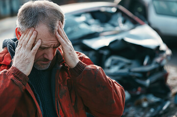 Man holding his head in despair after car collision, showcasing the aftermath of a serious accident