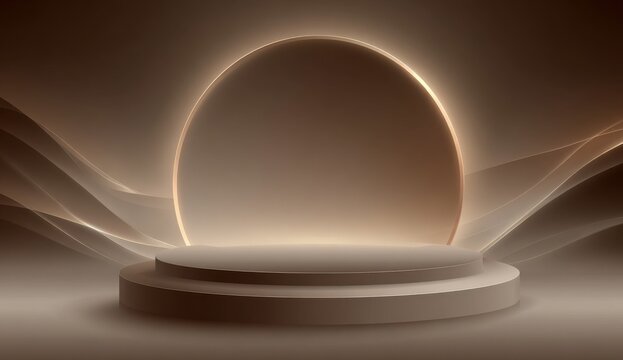 The scene features a gold presentation podium with a modern abstract template and a minimalist product studio setup on a premium geometric backdrop