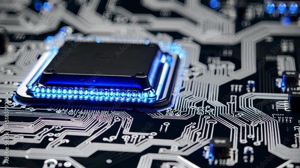 Poster electronic microchip illuminating with vivid blue neon glow, exposing detailed circuit pathways and 