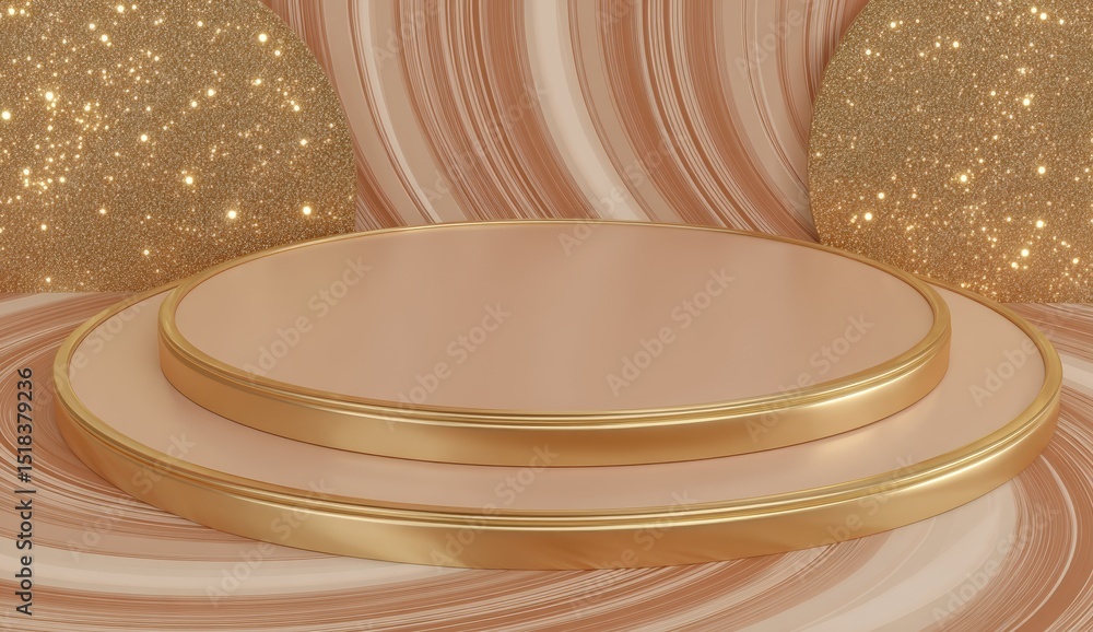 Poster a luxurious scene of gold light and glitter is displayed on a shiny backdrop of a stage with a glamo