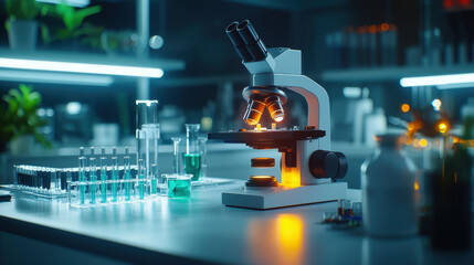 Modern laboratory scene featuring microscope with illuminated slides, surrounded by various glassware and colorful liquids