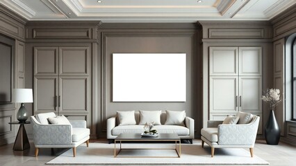 Elegant living room with modern classic decor and blank canvas