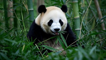 Giant Panda Eating Fresh Bamboo Shoots in a Lush Green Forest, 4k