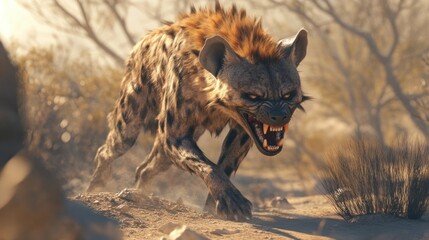 A hungry hyena threatens as it stalks its prey, its teeth sharp, background wallpaper AI generated image