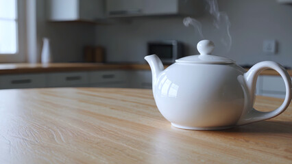 Warm steaming ceramic teapot rests on wooden table in cozy kitchen. This steaming ceramic teapot evokes comfort, minimalism, and home tranquility