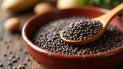 Close-up of a rustic red bowl filled with glossy chia seeds, a wooden spoon resting on top. Warm lighting and a soft blur highlight rich textures and earthy, natural tones.