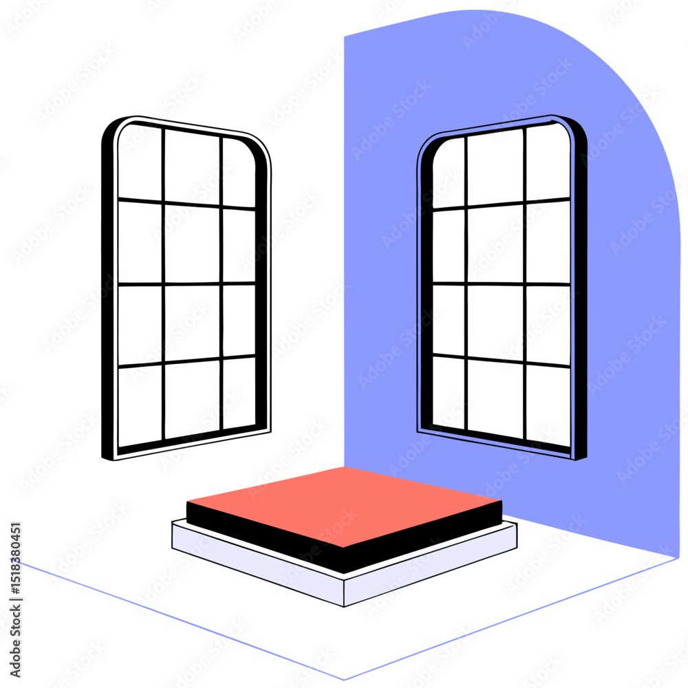 Poster illustration of a corner with two windows and a platform in red black and white color scheme art